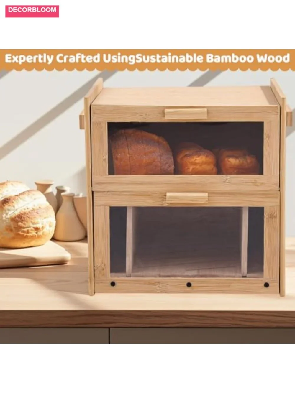 Bamboo Bread Box with Built-in Slicer Drawer & Crumb Tray - Kitchen Storage